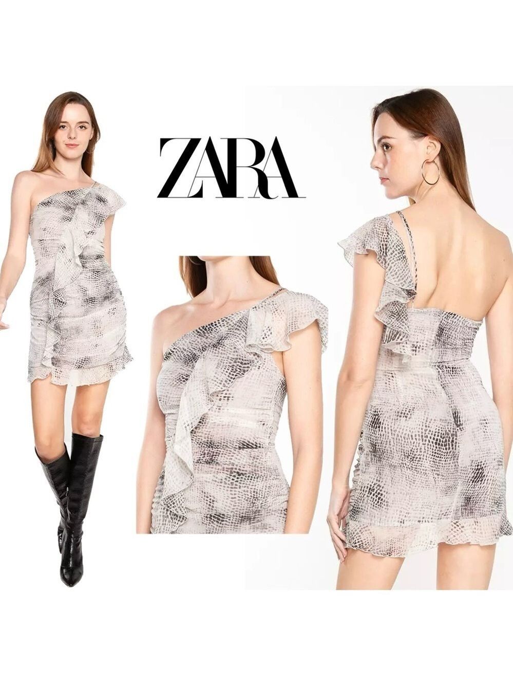 Zara animal snake print one Shoulder asymmetrical ruffle frill mini dress XL